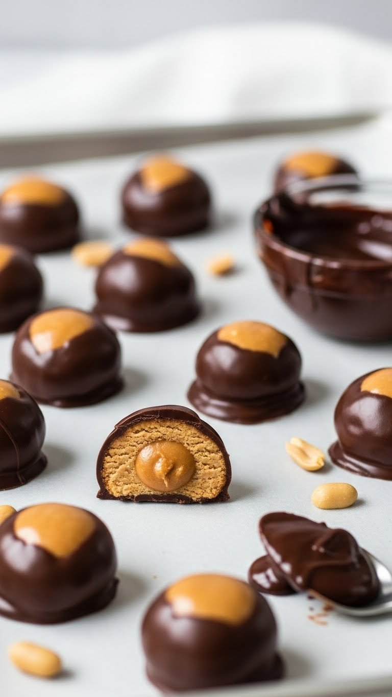 High-Protein Peanut Butter Buckeyes With Glossy Chocolate Coating Arranged On Parchment Paper-Lined Tray