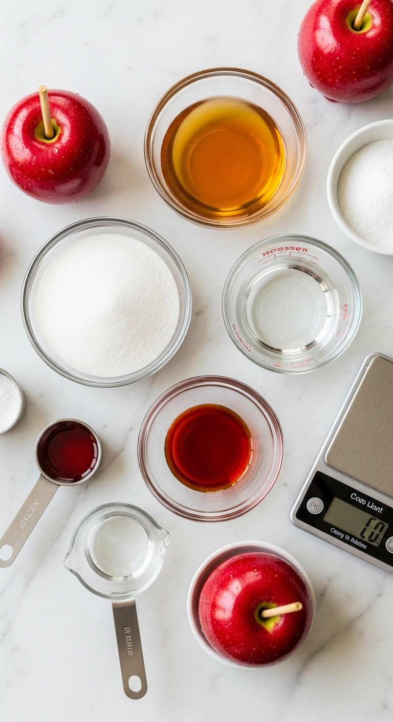 High-Quality Ingredients For Red Candy Apples: Sugar, Corn Syrup, Water, Red Food Coloring In Glass Prep Bowls On Marble, Flat Lay.
