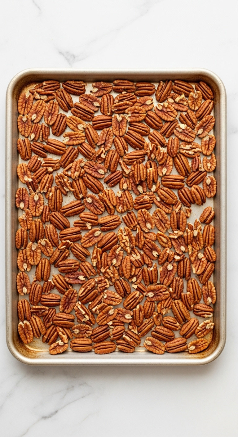 High-Quality Raw Pecan Halves Spread Evenly On A Metal Baking Sheet, Showcasing Natural Texture For Recipe Preparation.