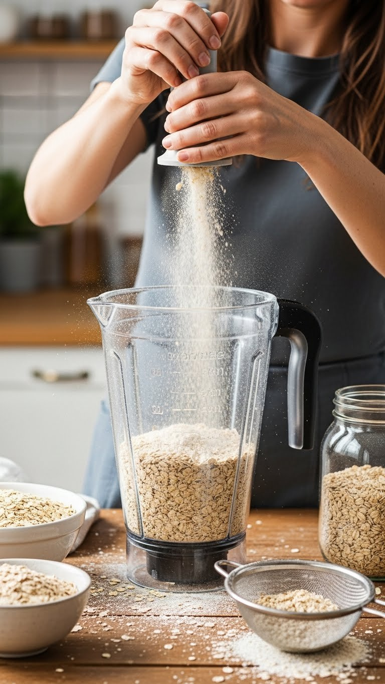 High-Speed Blender Grinding Rolled Oats Into Oat Flour With Flour Dust Cloud On Rustic Wooden Table