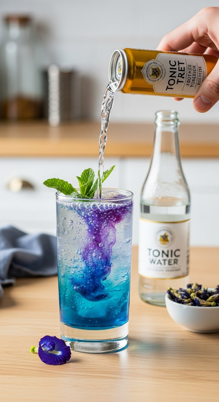 Hocus Pocus G&Amp;T In A Highball Glass, Mid-Color-Change With Swirls Of Blue And Purple As Tonic Water Is Poured.