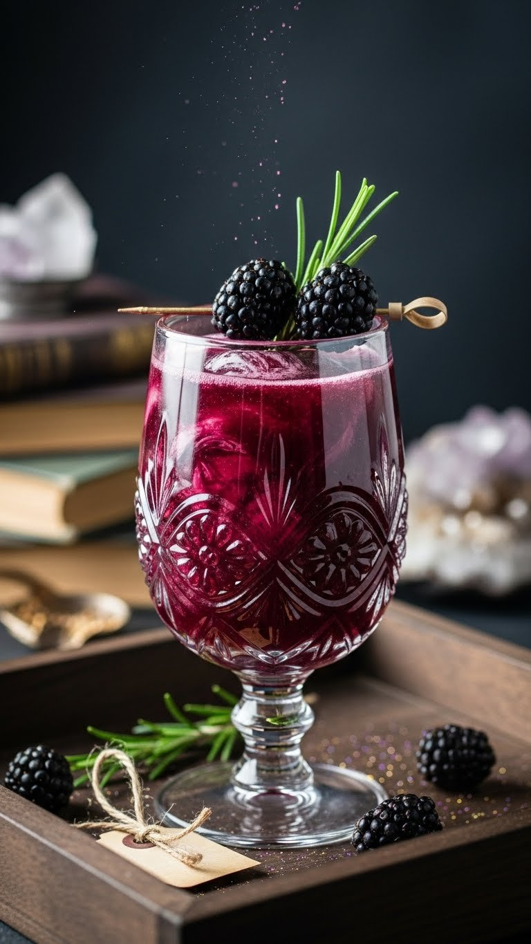 Hocus Pocus Berry Potion In Ornate Glass Bottle With Edible Shimmer Swirl And Blackberry Garnish.