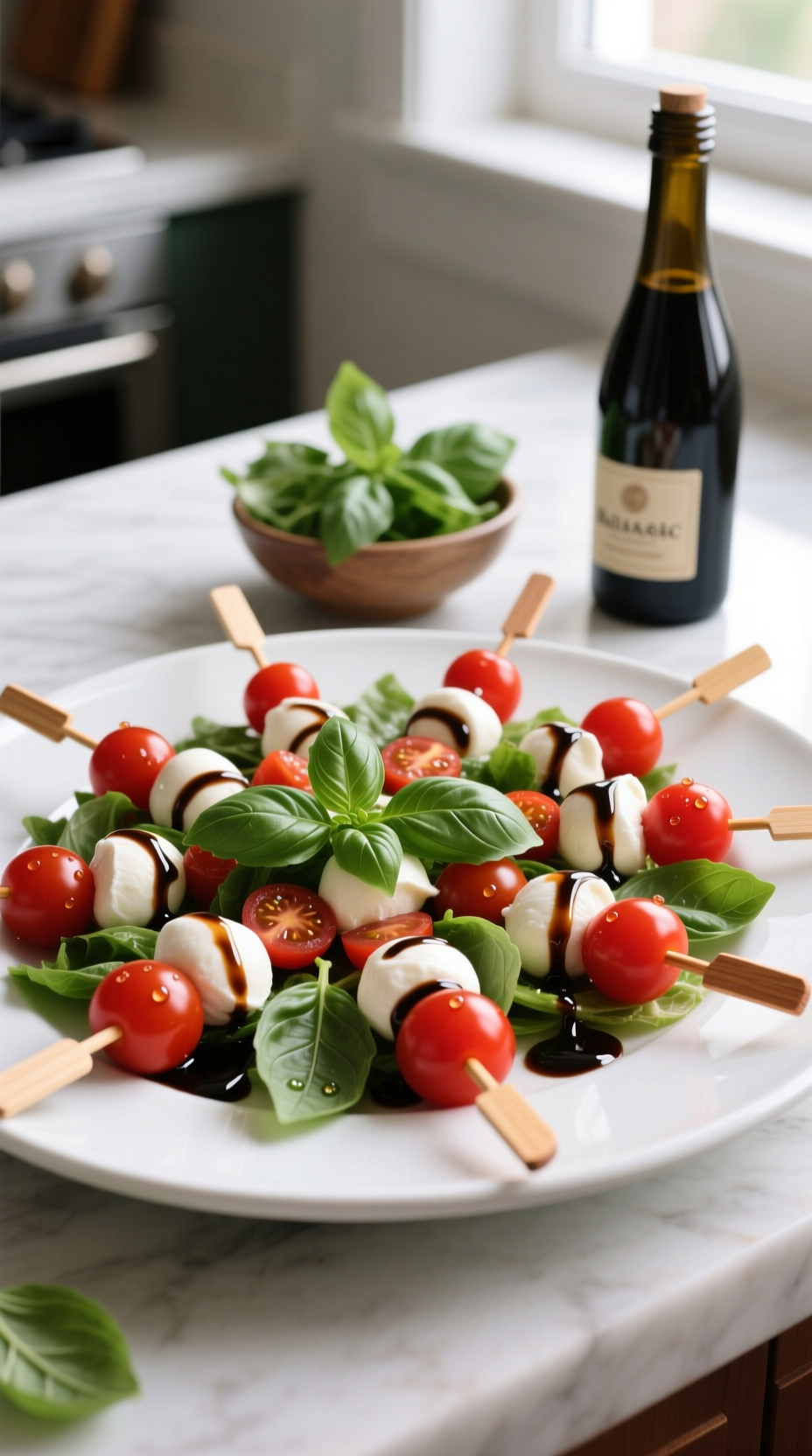 Holiday Caprese Skewers: Cherry Tomatoes, Fresh Mozzarella, Basil, Balsamic Glaze On A White Platter.