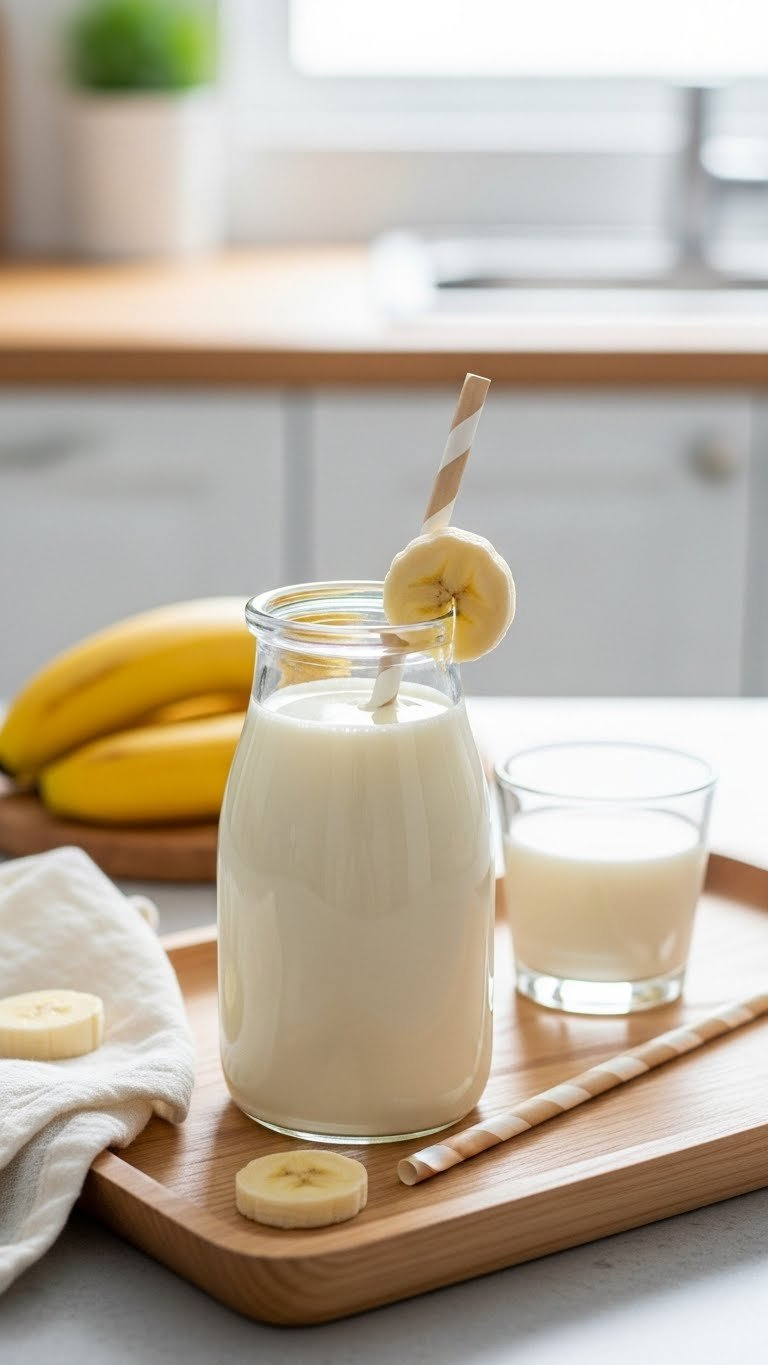 Homemade Korean Banana Milk In Glass Bottle With Banana Slice On Light Wooden Tray