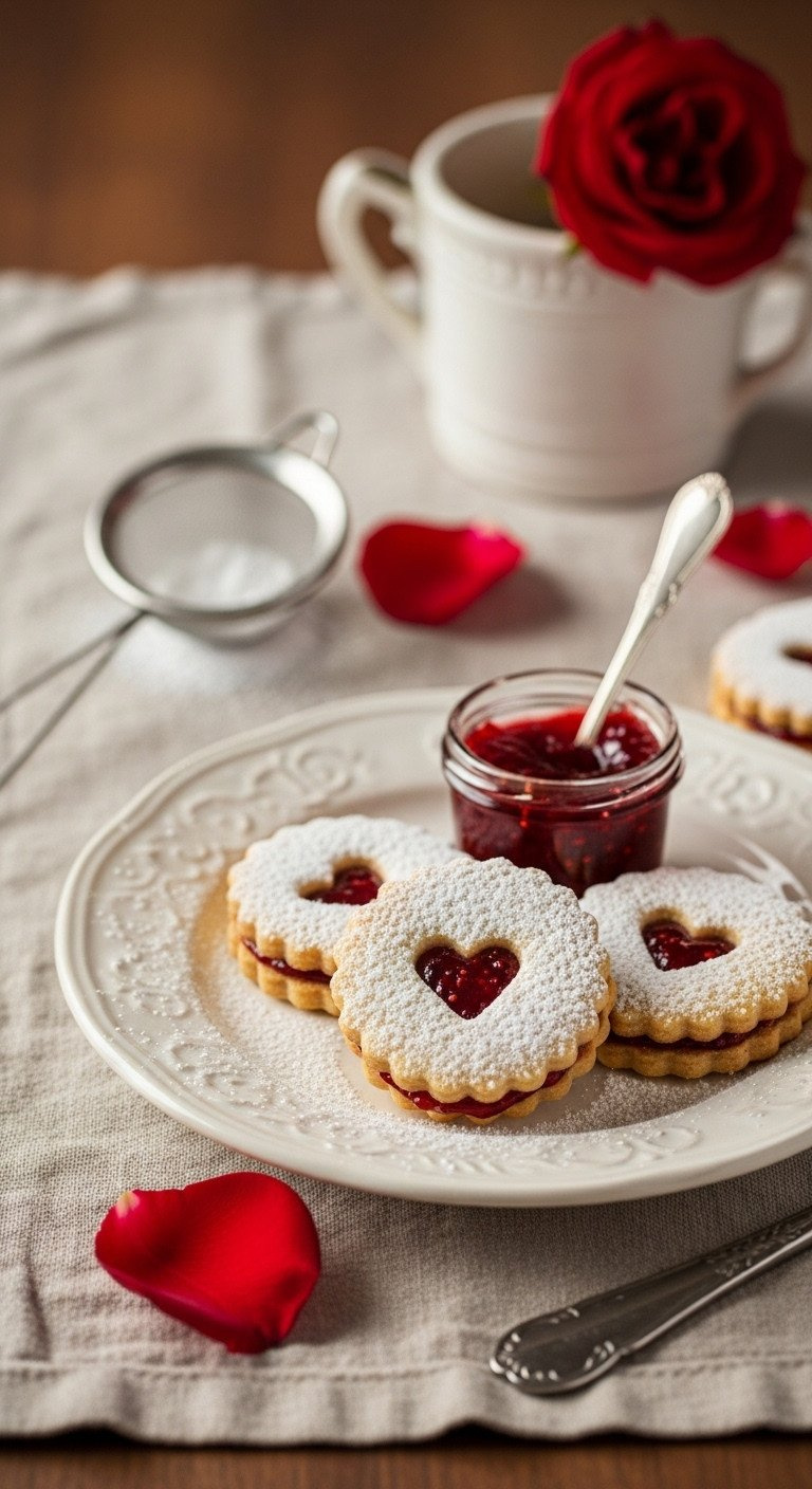 Homemade Linzer Cookies With A Heart Cutout Revealing Vibrant Raspberry Jam, Dusted With Powdered Sugar On A Vintage Plate.