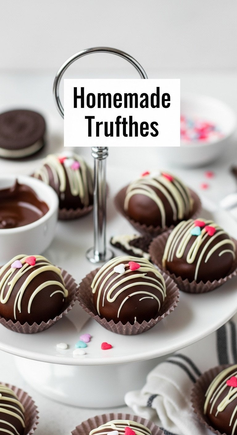 Homemade Oreo Truffles, Chocolate-Dipped With White Drizzle &Amp; Heart Sprinkles In Candy Liners On A Tiered Tray. Easy Party Treats.