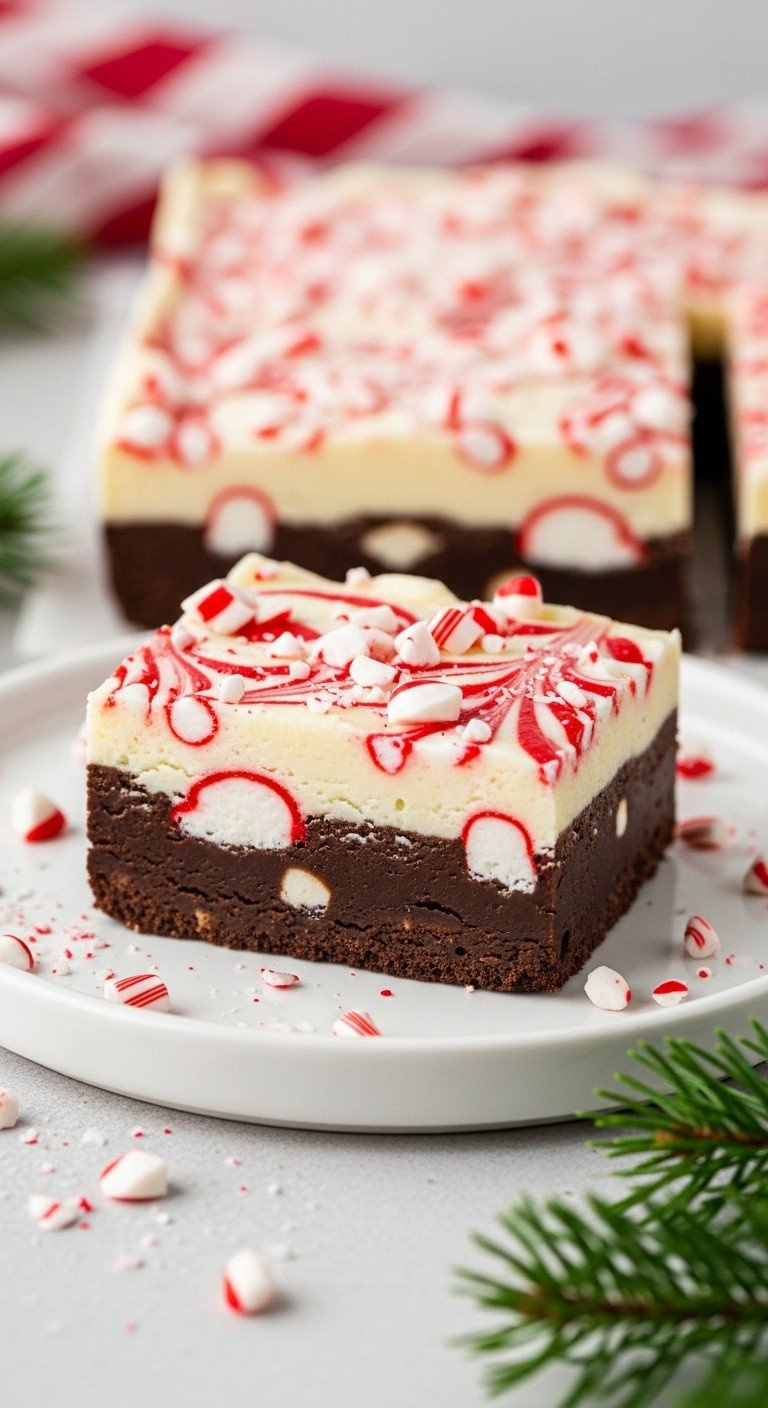Homemade Peppermint Swirl Fudge Slice. Layers Of Dark, White &Amp; Pink Peppermint Chocolate, Topped With Crushed Candy Canes, On A White Platter.