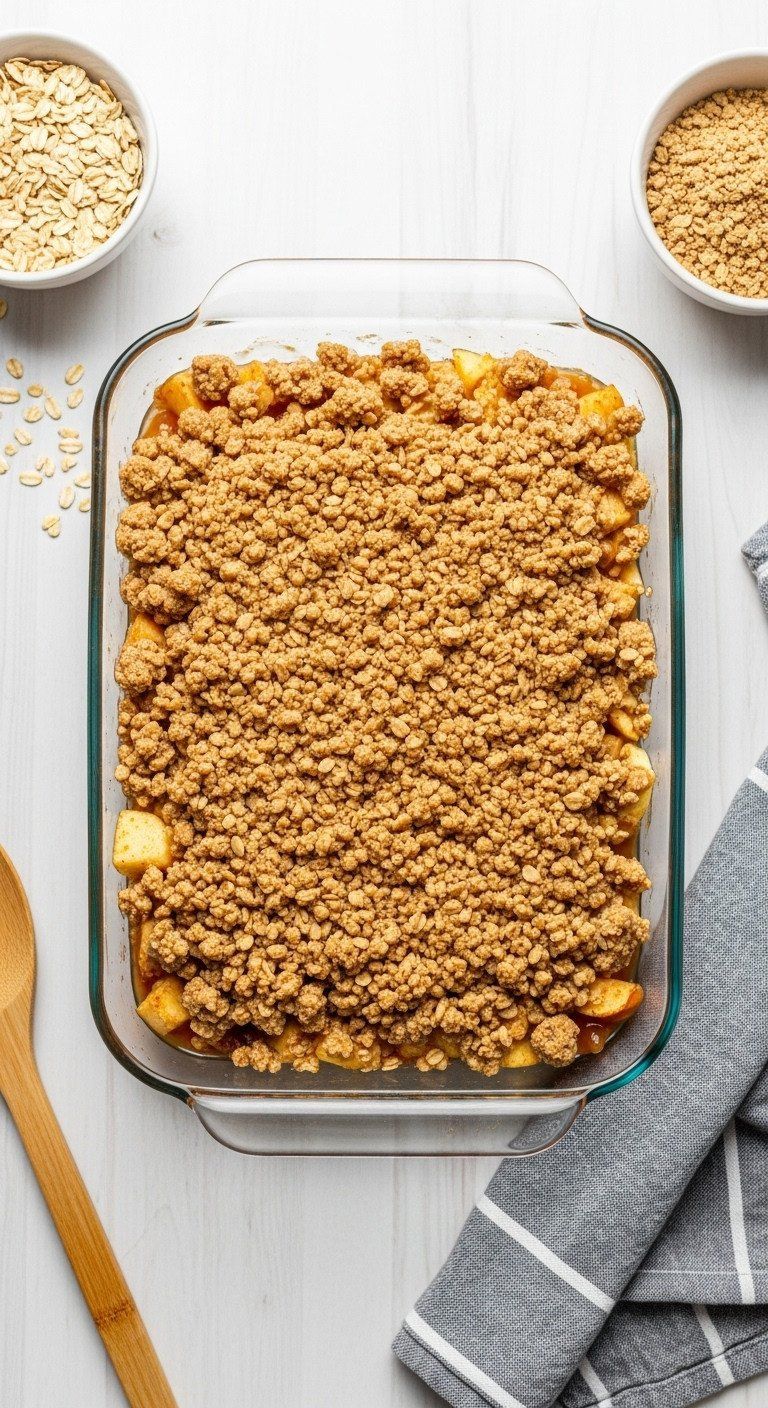 Homemade Apple Crisp Fully Assembled In A 9X13 Glass Baking Dish, Topped With Sandy Oat Streusel, Ready For Oven. Kitchen Counter.