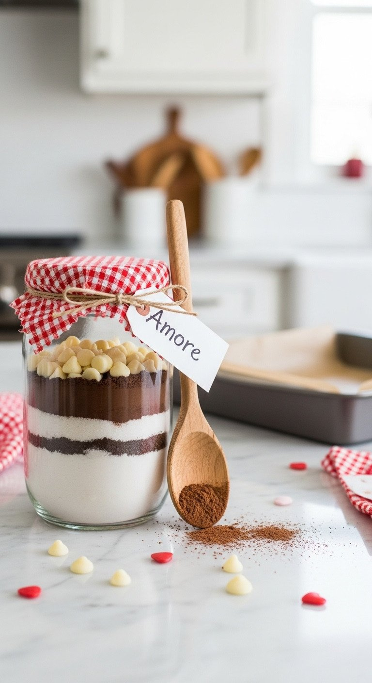 Homemade Brownie Mix Gift Jar: Layered Cocoa, Sugar, White Chocolate Chips, Fabric, Twine, Vintage Spoon On Marble.