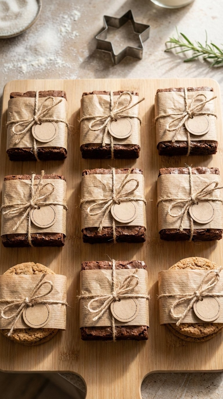 Homemade Brownies Wrapped In Rustic Kraft Paper With Natural Twine Bows Arranged On Wooden Cutting Board In Cozy Kitchen Setting.