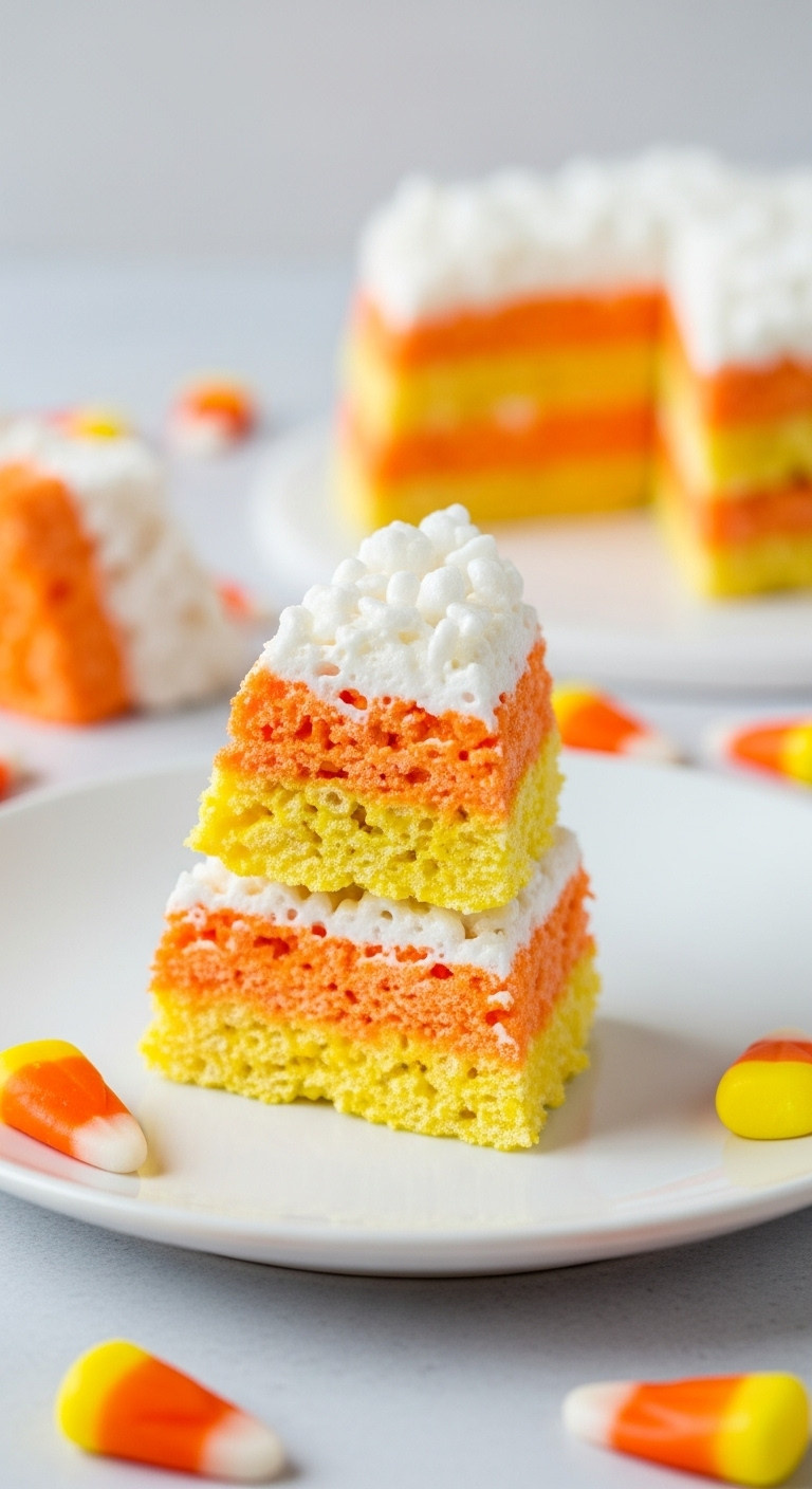 Homemade Candy Corn Rice Crispy Treats, White, Orange, Yellow Layers, On A White Plate With Scattered Candy Corn.