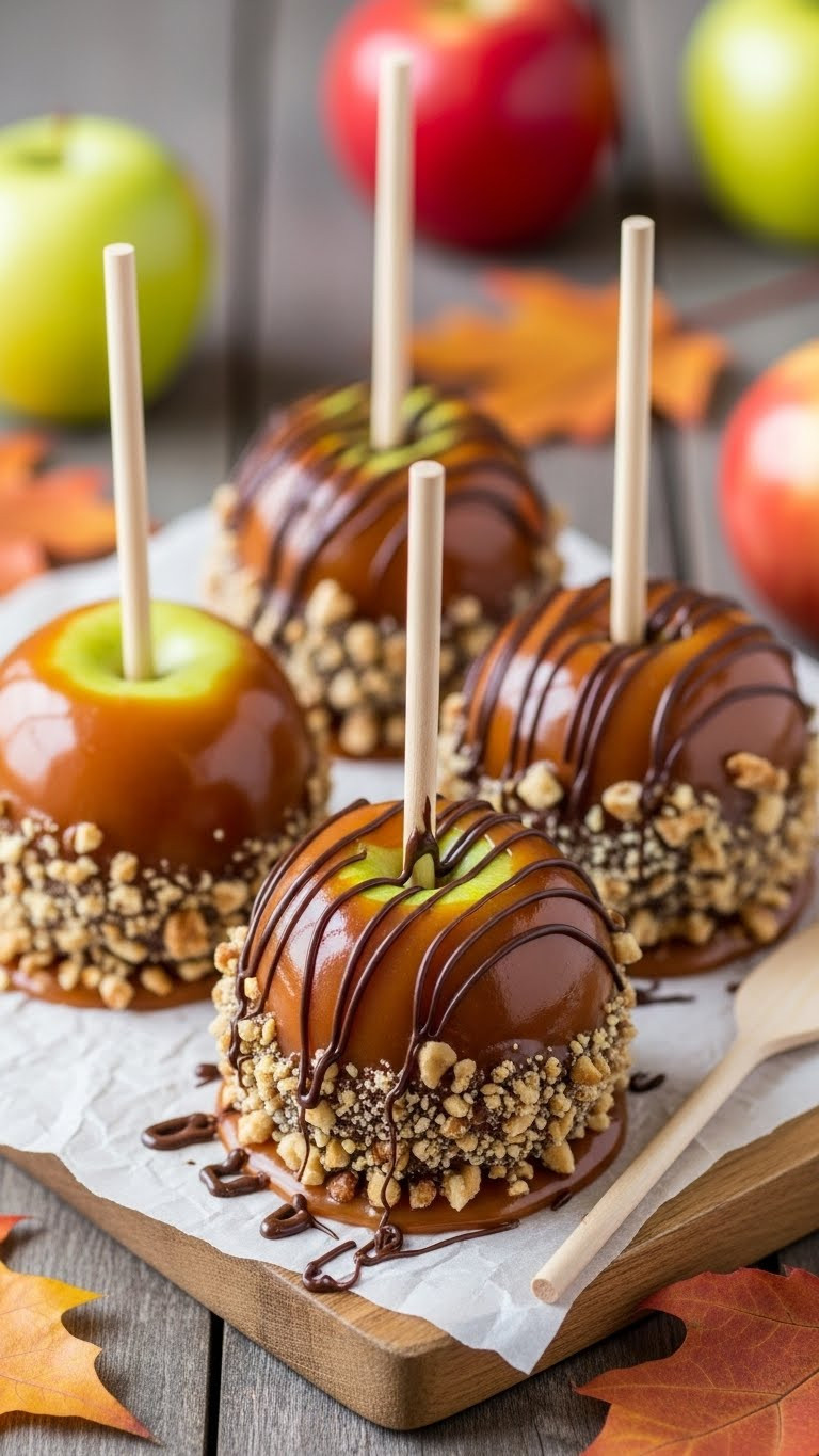 Homemade Caramel Apples On Rustic Wooden Board
