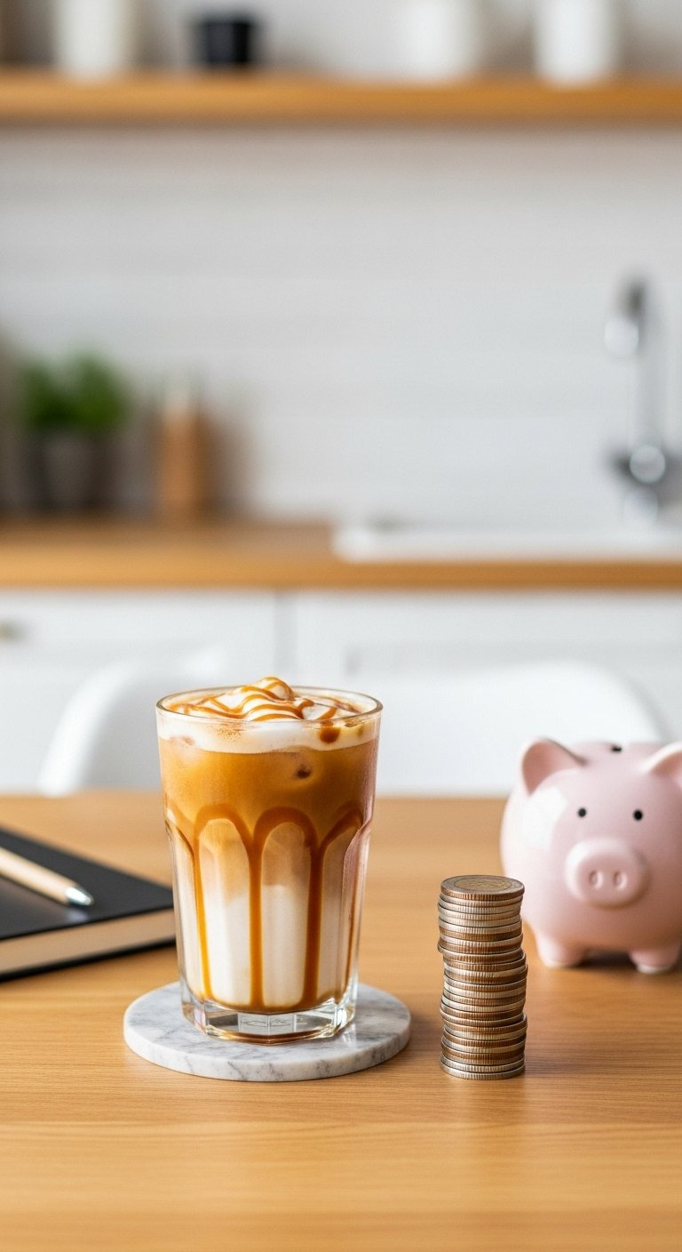 Homemade Caramel Iced Coffee In A Glass Next To A Small Stack Of Coins On A Wooden Table.