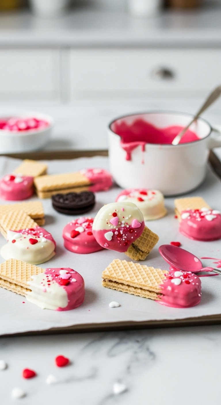 Homemade Chocolate-Dipped Wafer Cookies With Vibrant Pink White Chocolate And Heart Sprinkles On A Parchment-Lined Tray.