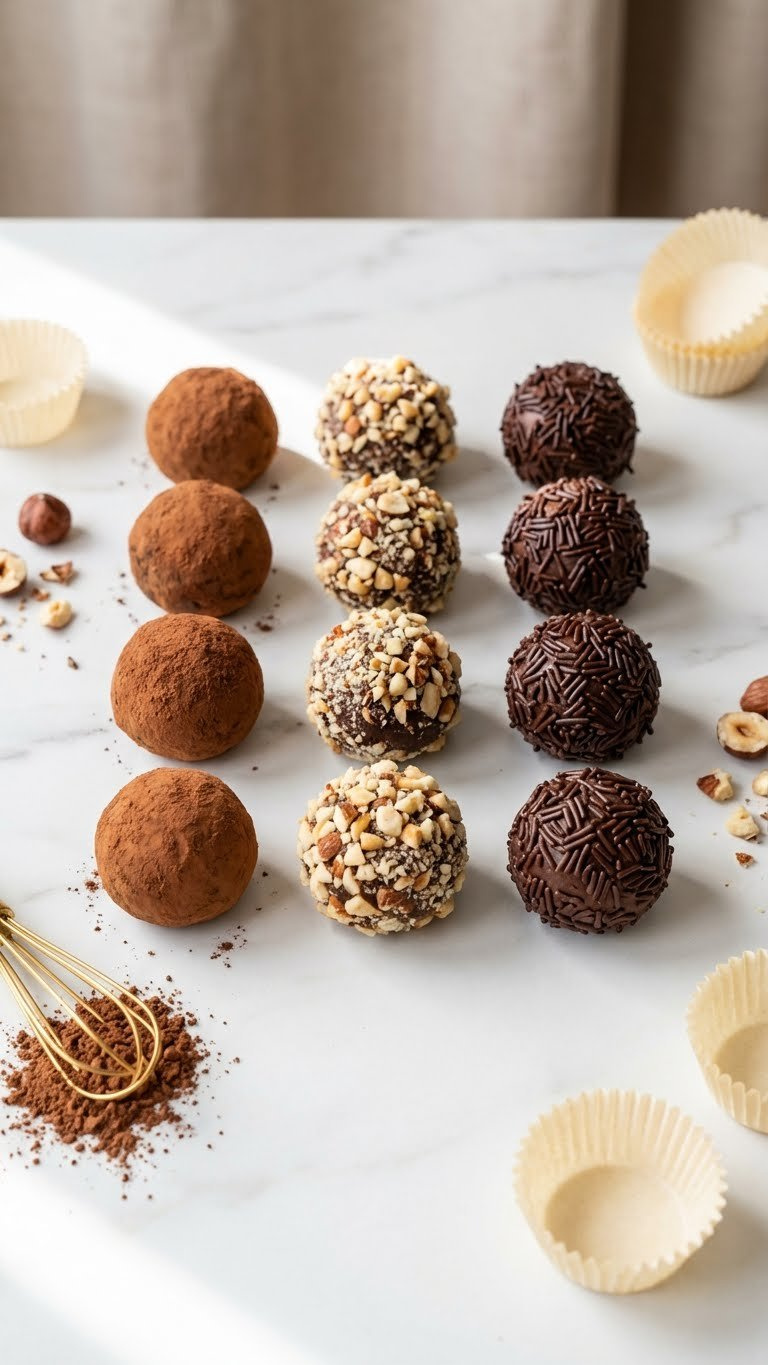 Homemade Chocolate Truffles Coated In Cocoa Powder, Nuts, And Sprinkles, With Scattered Nuts On An Elegant Marble Countertop.