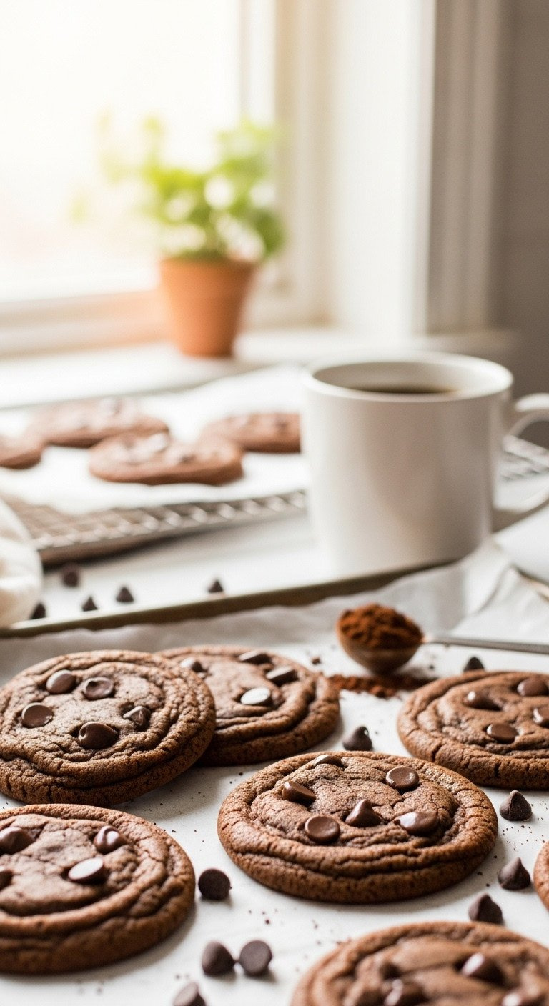 Homemade Espresso Chocolate Chip Cookies, Thick And Chewy, With Glistening Melted Chocolate Chips. Delicious Sweet Treat.