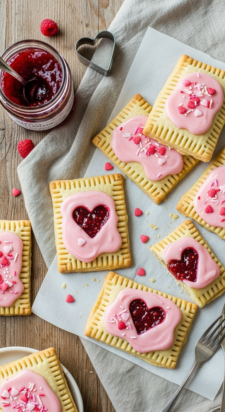 Homemade Gluten-Free Valentine Pop Tarts With Pink Frosting, Raspberry Jam, Heart Cutouts, And Festive Sprinkles.