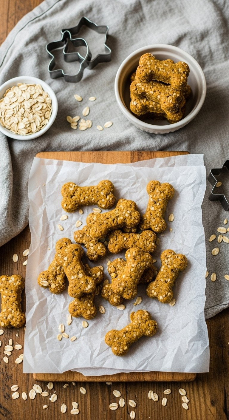 Homemade Golden-Brown Pumpkin Dog Treats On Parchment Paper, Bone-Shaped, With Oats, Rustic Pet Snack.