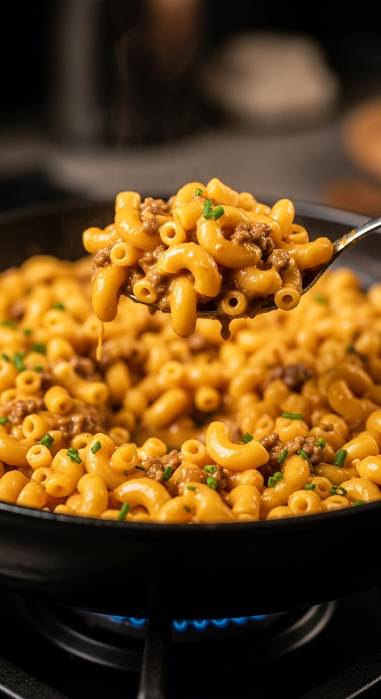 Homemade Hamburger Helper With Elbow Macaroni Ground Beef And Cheesy Sauce Lifted From Skillet With Fresh Chives High-End Magazine Cover Style
