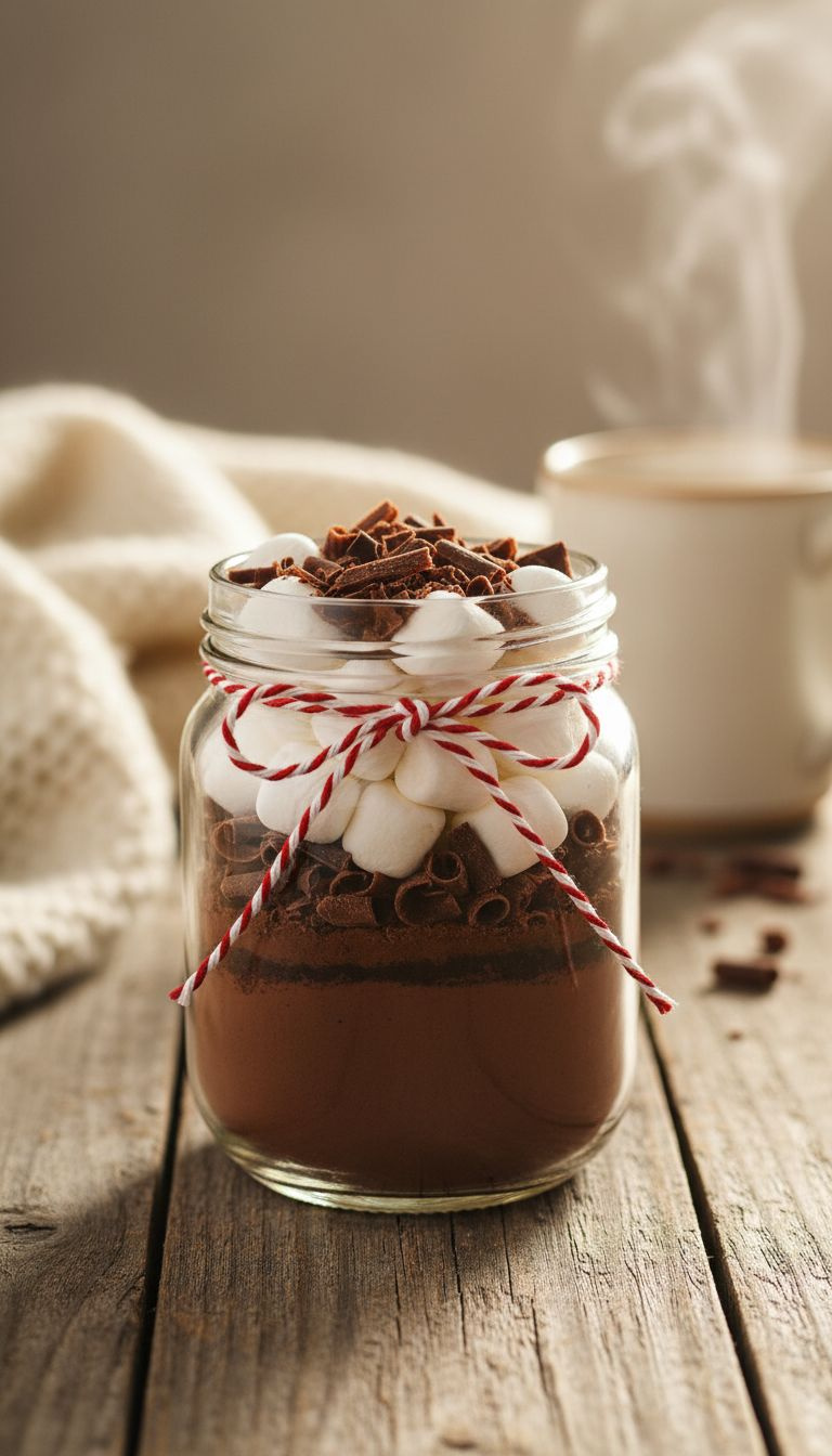 Homemade Hot Chocolate Mix Layered With Marshmallows And Chocolate Shavings In A Festive Jar, A Perfect Cozy Gift.