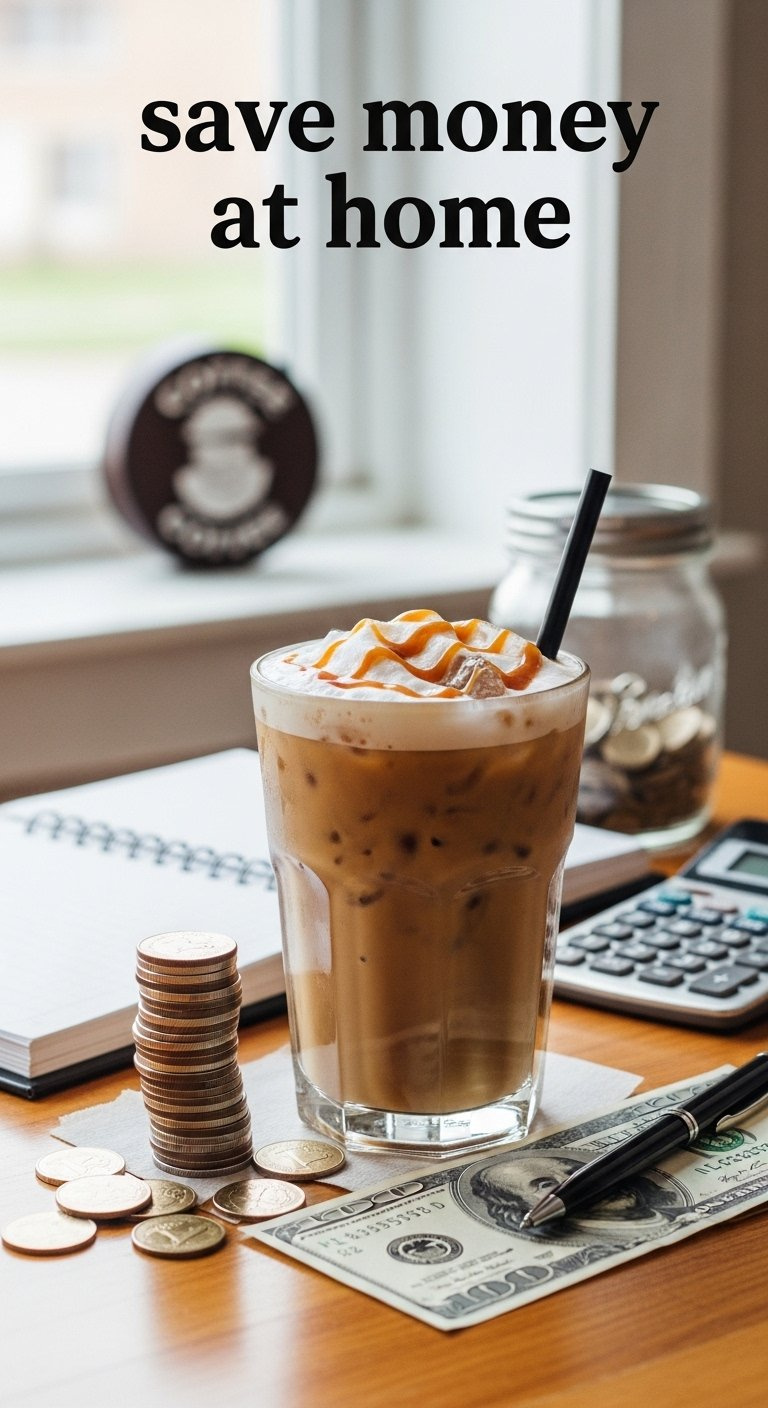 Homemade Iced Caramel Macchiato Sitting Next To A Stack Of Coins And Dollar Bills On A Wooden Table.