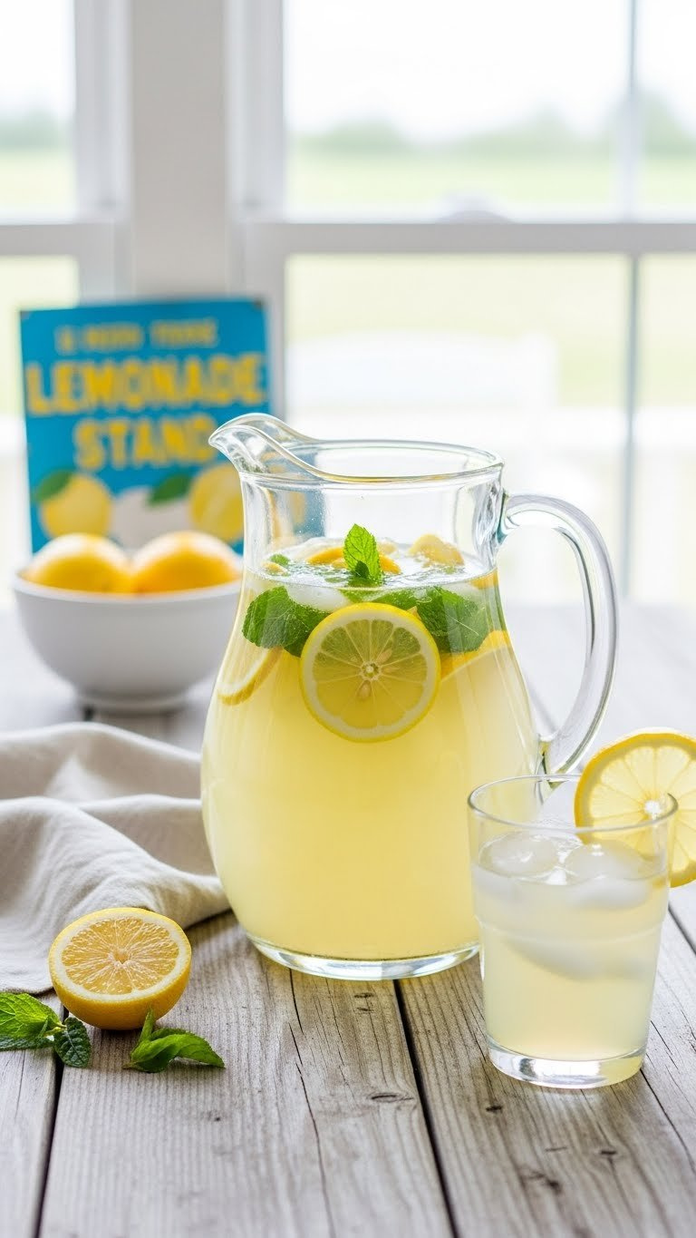 Homemade Lemonade Pitcher With Fresh Lemon Slices And Mint Leaves Next To Filled Glass