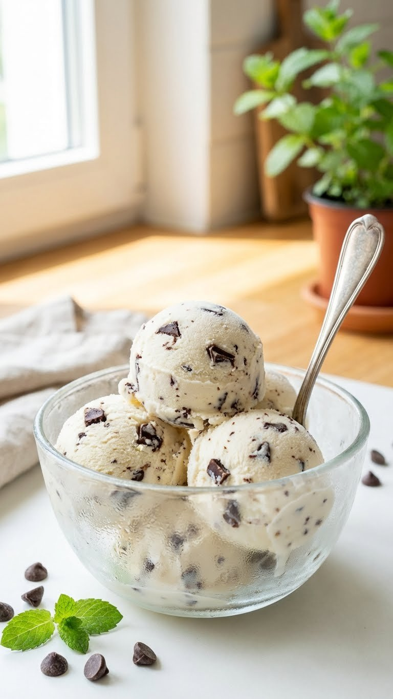 Homemade No-Churn Chocolate Chip Ice Cream Scoops In A Glass Bowl, Showcasing Creamy Texture And Melted Chips.