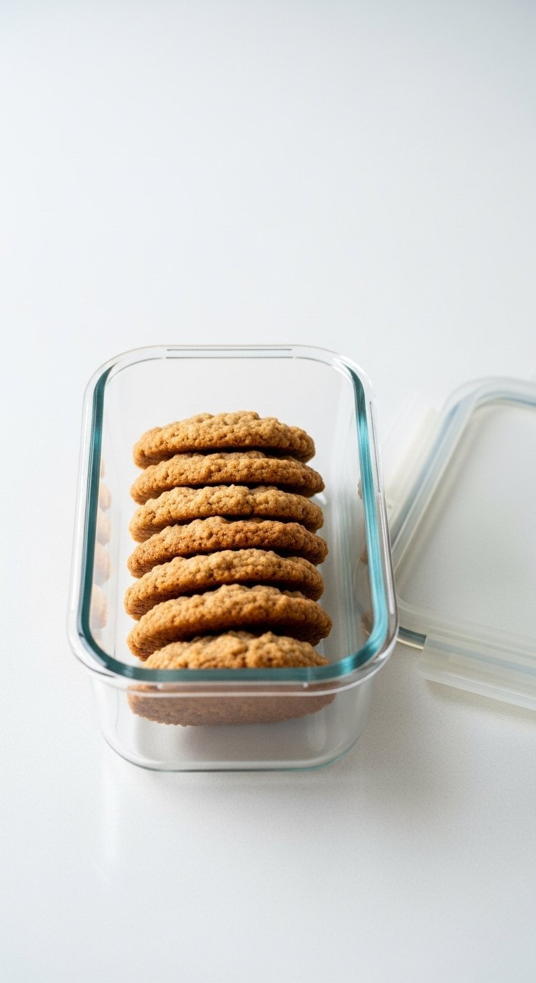 Homemade Oatmeal Cream Pies Stored Neatly In An Airtight Glass Container On A White Counter.