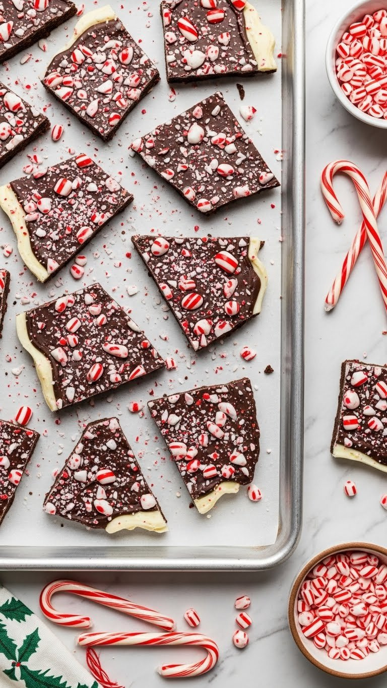Homemade Peppermint Bark With Chocolate Layers And Crushed Candy Canes Scattered On A Marble Countertop With Holiday Decorations