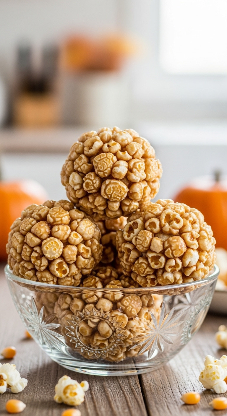 Homemade Popcorn Balls With Light Sugar Glaze In A Vintage Glass Bowl On A Rustic Wooden Table, Subtle Autumn Decor. Sweet Fall Treat.