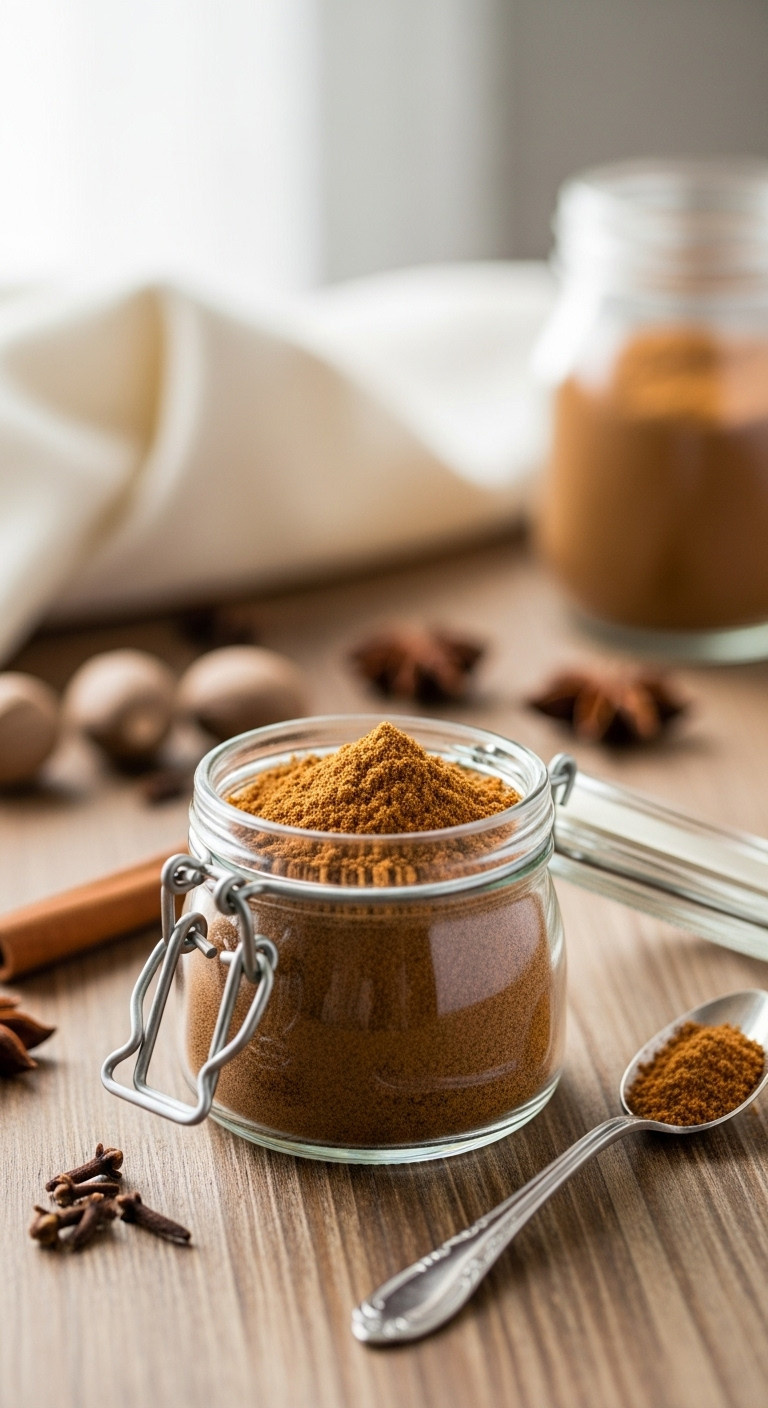 Homemade Pumpkin Pie Spice Jar On A Rustic Table With Whole Spices And Spoon In Cozy Kitchen Light