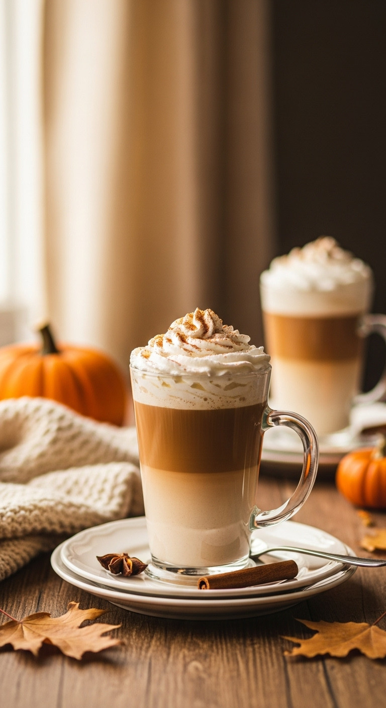 Homemade Pumpkin Spice Latte With Whipped Cream And Cinnamon Stick On A Wooden Table With Fall Decor