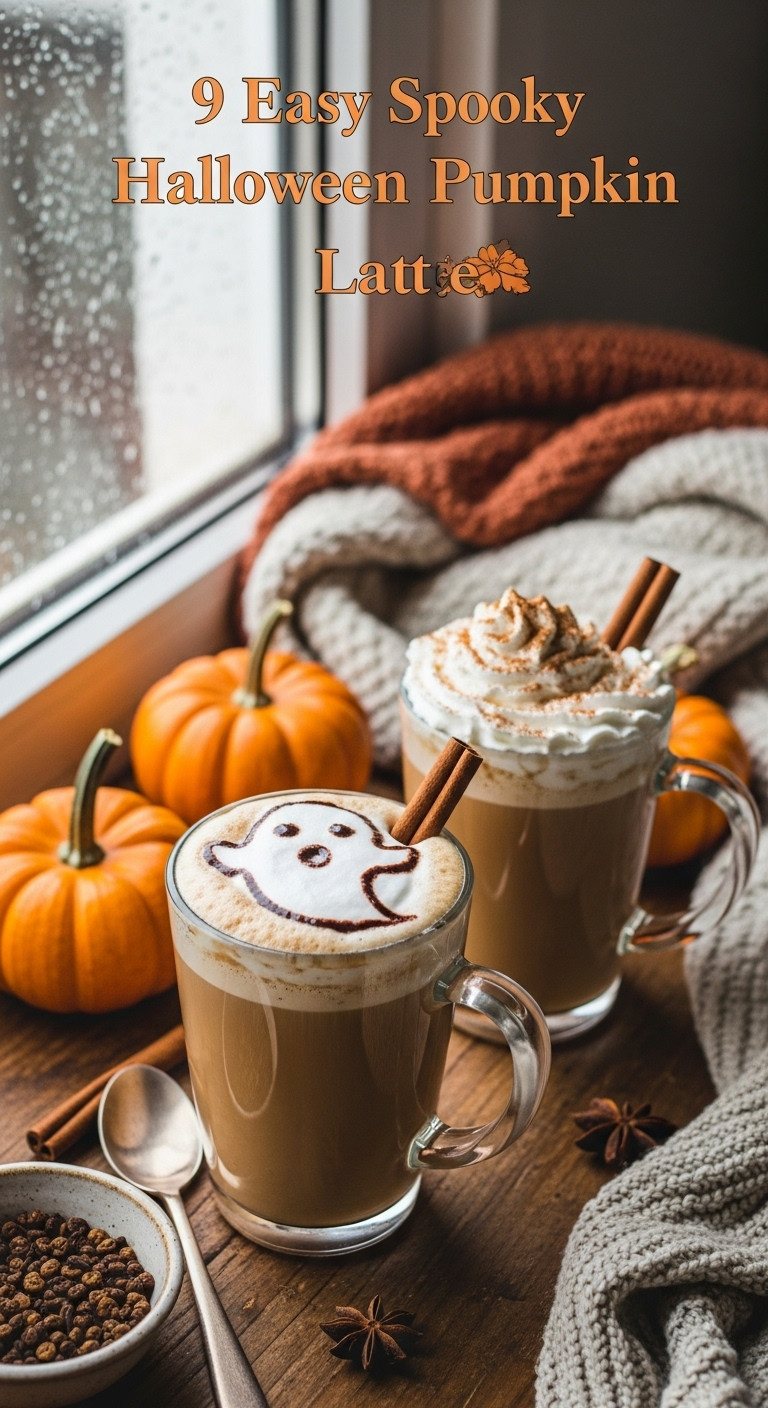 Homemade Pumpkin Spice Lattes With Whipped Cream And Ghost Art On A Rustic Table