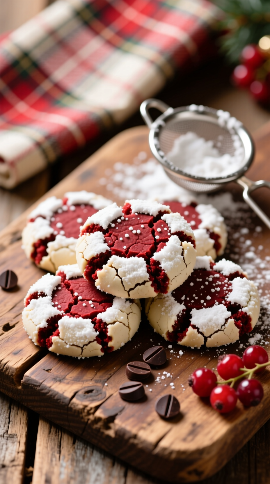Homemade Red Velvet Crinkle Cookies, Rich Red With Cracked White Powdered Sugar Coating, On Rustic Wood, Perfect Holiday Treat.