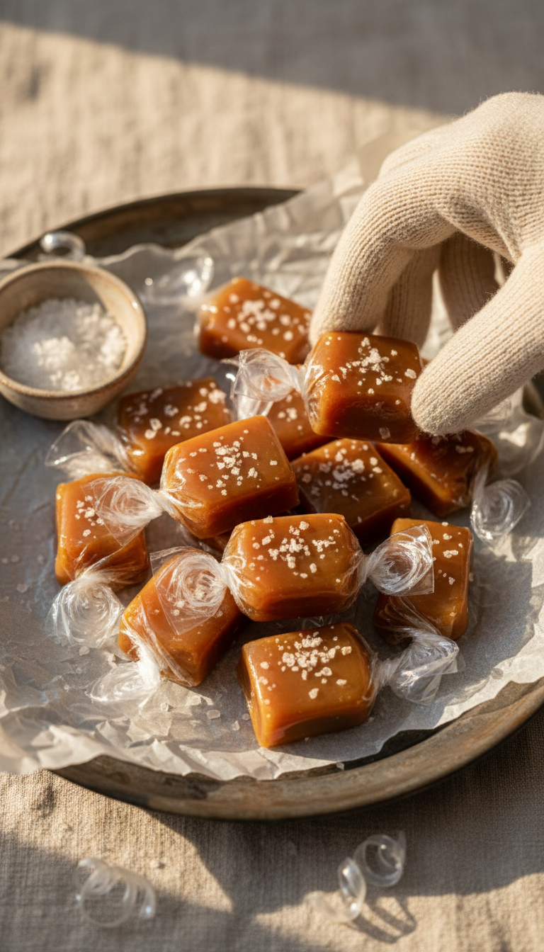 Homemade Salted Caramel Candies, Some Unwrapped Showing Sea Salt Flakes, On A Parchment-Lined Tray. Golden-Brown Gourmet Treat.