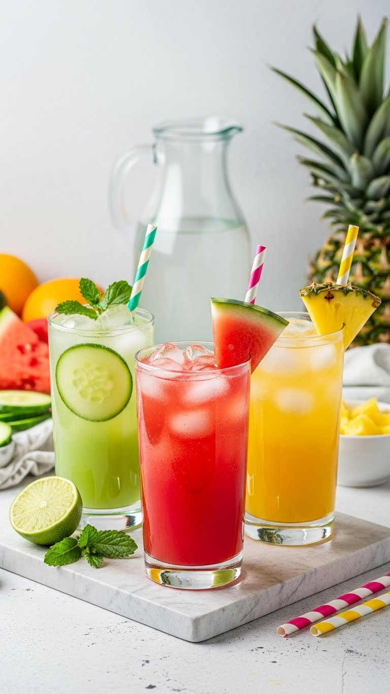 Homemade Sparkling Agua Fresca Trio In Three Colorful Glasses Arranged Side-By-Side On Textured Stone Surface
