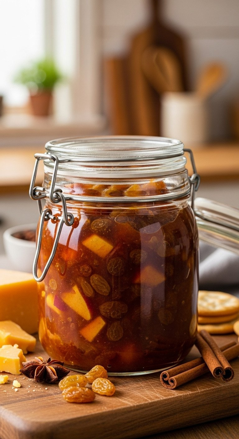 Homemade Spiced Apple Chutney In A Glass Canning Jar, With Apple Pieces, Raisins, Cheddar Cheese, And Crackers.