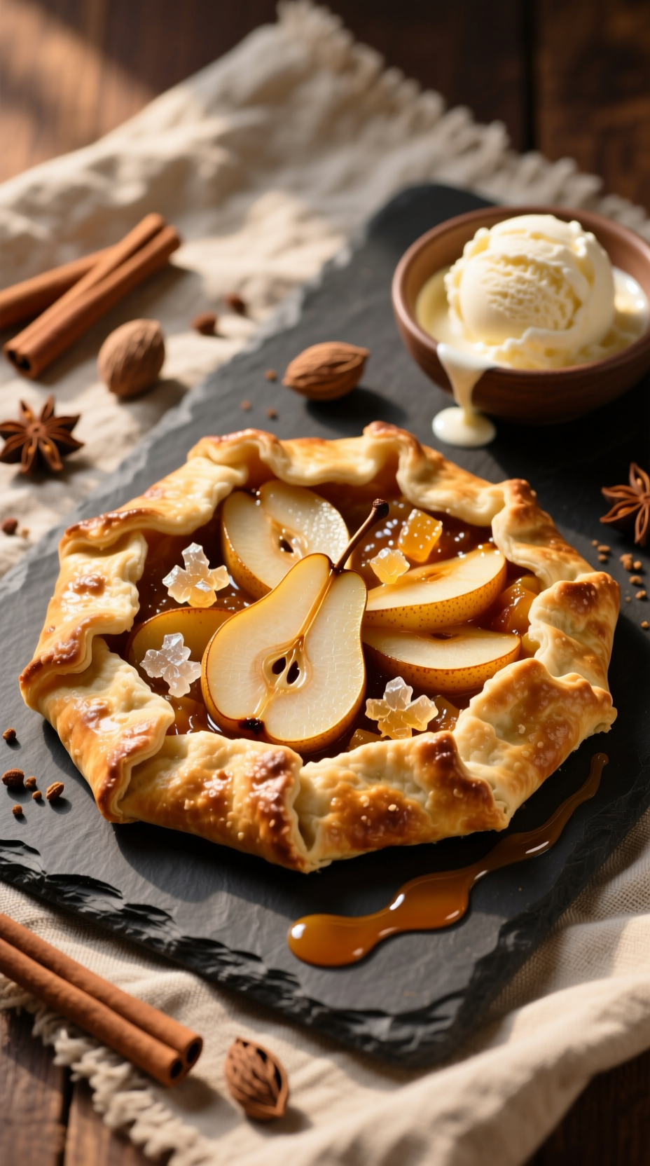 Homemade Spiced Pear Ginger Galette, Rustic Flaky Crust, Caramelized Pears, Crystallized Ginger, Perfect Autumn Dessert.
