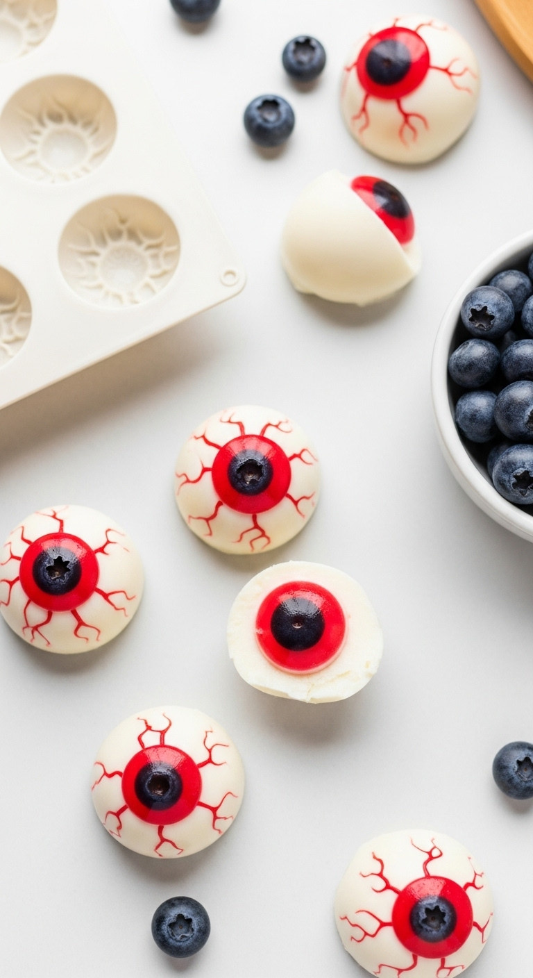 Homemade Spooky Gummy Eyeballs With Coconut Milk Base Red Iris And Blueberry Pupil On A White Surface