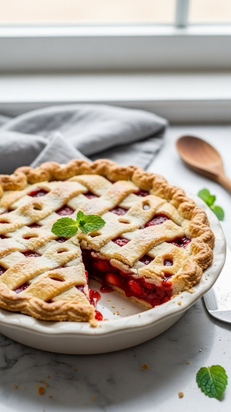 Homemade Strawberry Pie With Golden Lattice Crust, Vibrant Red Filling, Removed Slice, And Fresh Mint On A Marble Counter.