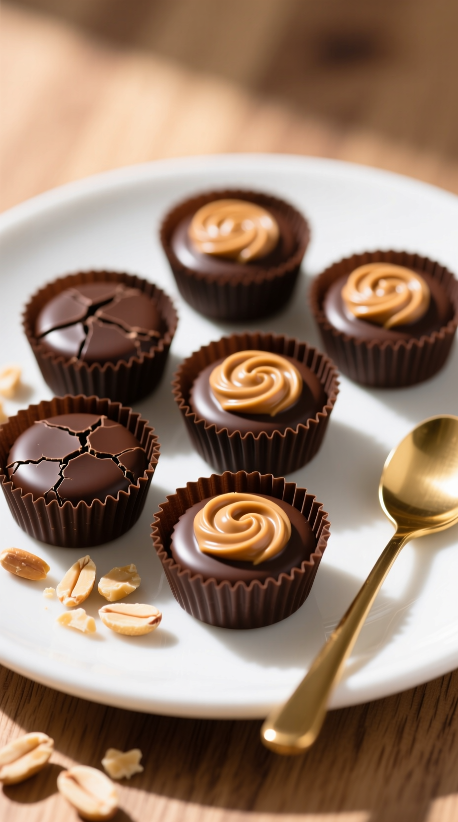 Homemade Two-Ingredient Chocolate Peanut Butter Cups In Liners, Dark Chocolate, Creamy Filling, On White Dish, Perfect Sweet Treat.