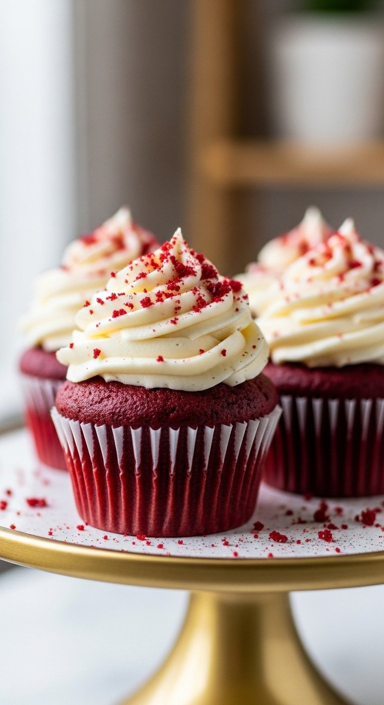 Homemade Vegan Red Velvet Cupcakes With Creamy Frosting, Vibrant Red Crumb On A Gold-Rimmed Stand, Elegant Setting.