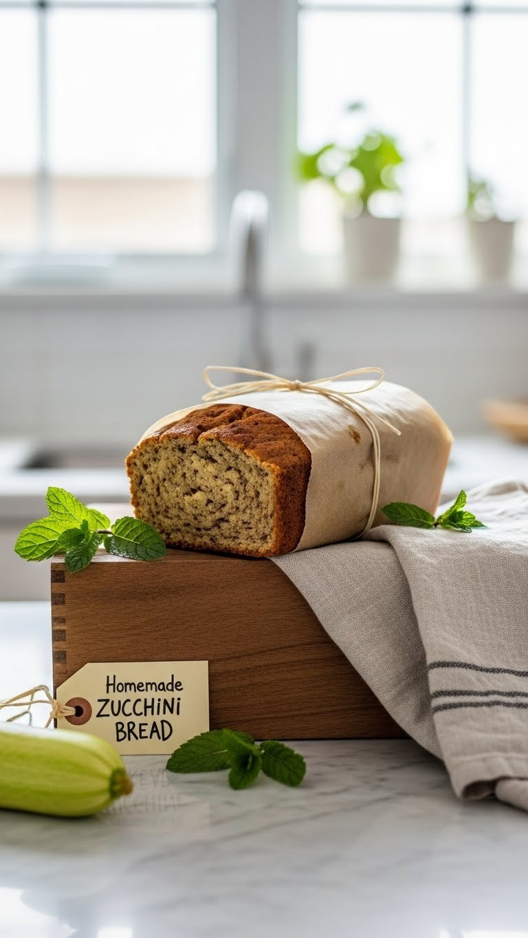 Homemade Zucchini Bread Wrapped In Beeswax Wrap Stored In Wooden Bread Box On Counter