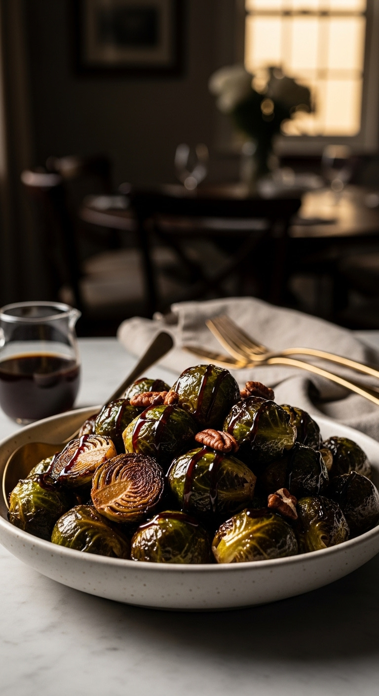 Honey Balsamic Glazed Brussels Sprouts With Pecans In A Ceramic Serving Bowl On A Marble Counter With Warm Lighting