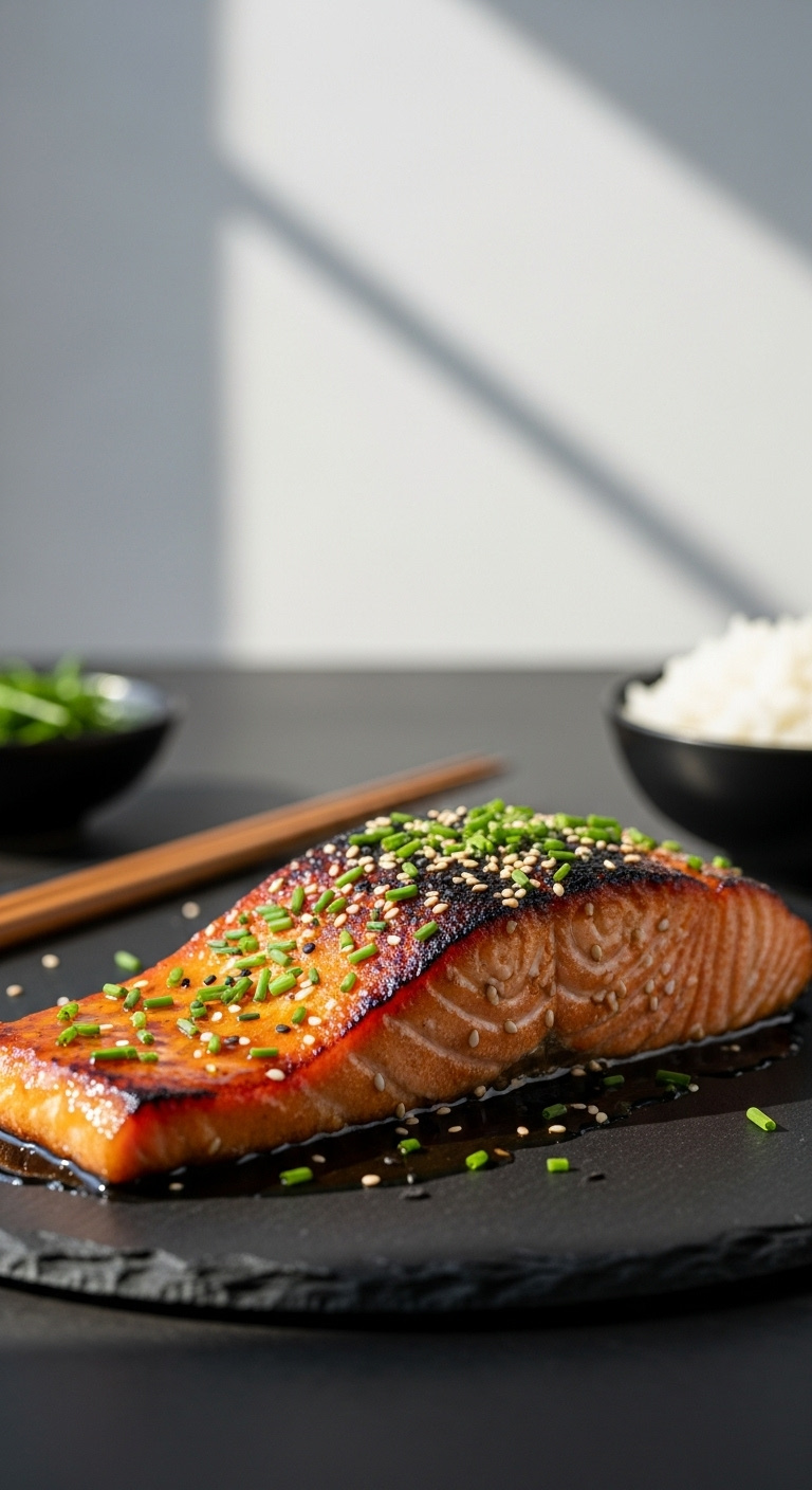 Honey Garlic Air Fried Salmon Fillet With Chives And Sesame Seeds On A Dark Slate Plate With Chopsticks And Rice