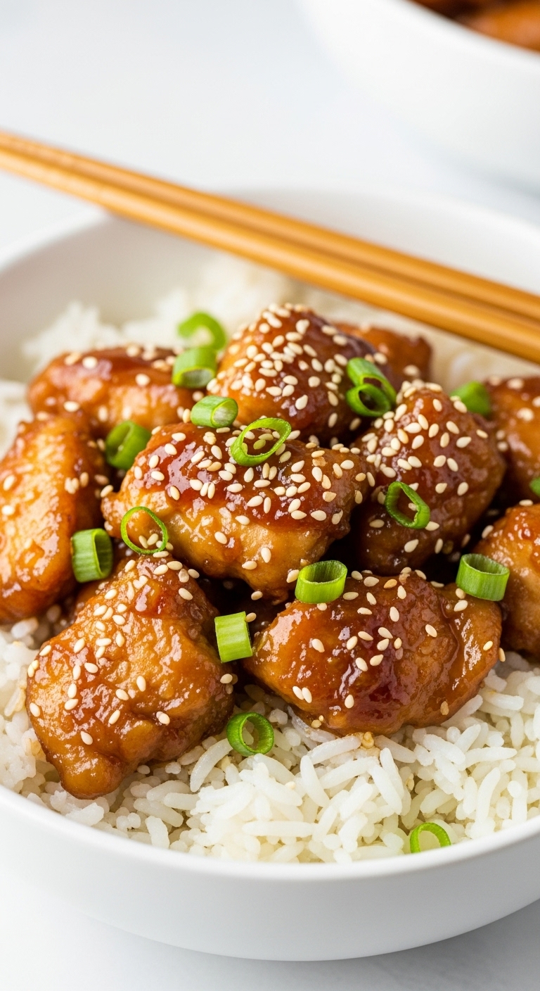 Honey Garlic Chicken On Rice With Sesame Seeds And Green Onions