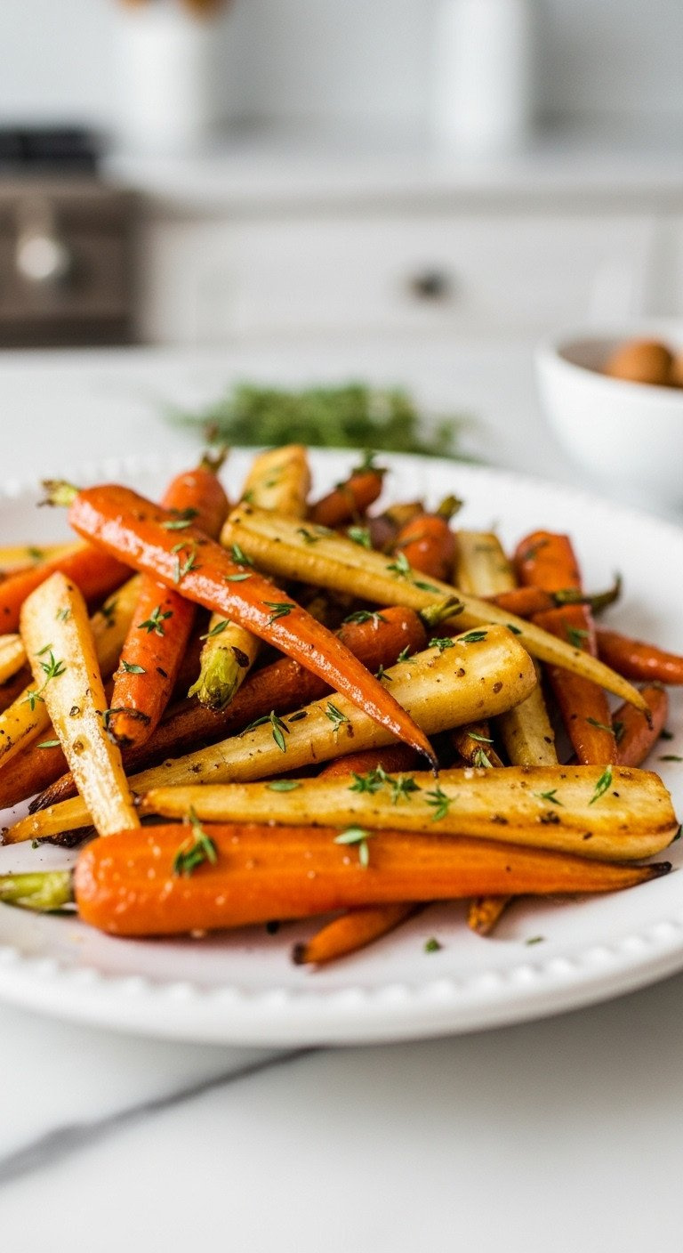 Honey-Glazed Carrots And Parsnips With Fresh Thyme On A White Platter, A Vibrant Roasted Root Vegetable Side Dish.
