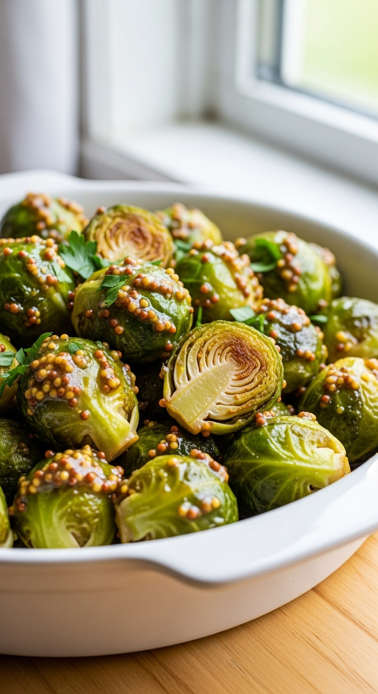 Honey Mustard Glazed Brussels Sprouts In A White Ceramic Dish On A Light Wooden Table With Natural Window Light