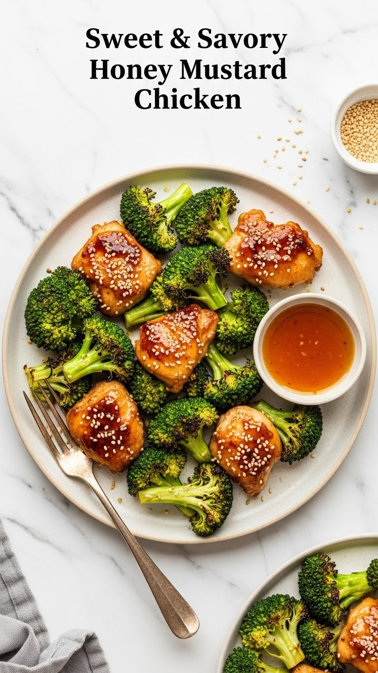 Honey Mustard Glazed Chicken Breast Pieces With Roasted Broccoli Florets On Light Ceramic Plate