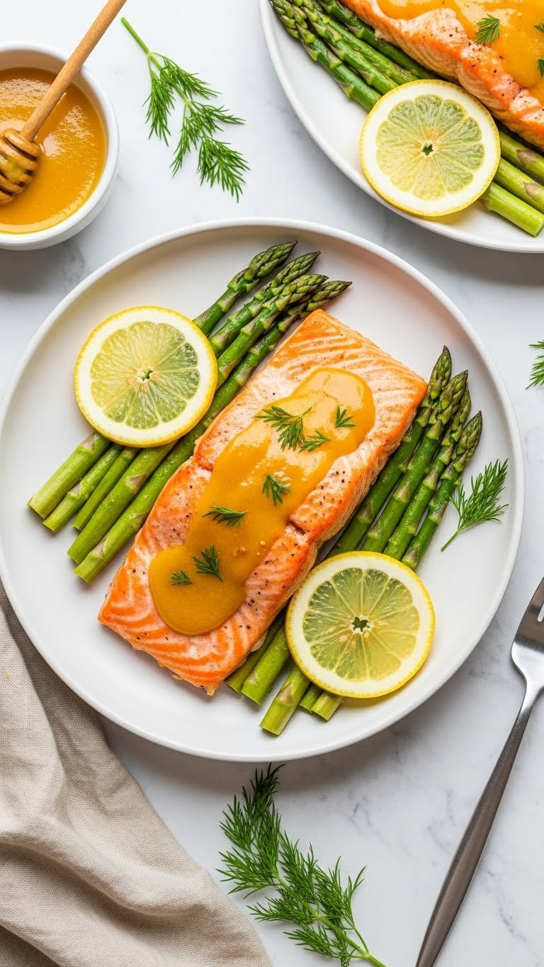 Honey Mustard Salmon Fillets With Asparagus Spears On White Ceramic Plate In Bright Daylight Setting